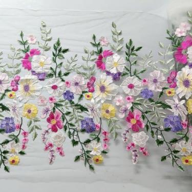 Imagem de Acabamento de renda com flores coloridas bordadas brancas extra largas de 65 cm, tecido de renda feito à mão, parte do vestido, festa em casa, costura em apliques para decoração DIY (branco 1 ano) (1