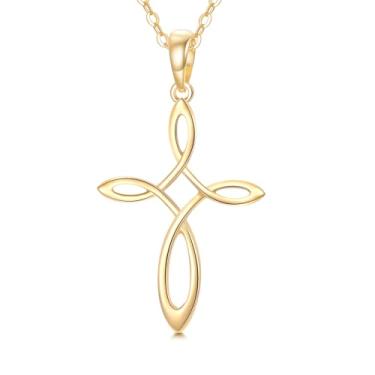 Imagem de UXQ Colar de ouro maciço 14K para mulheres, cruz, infinito, coração, rosa, girassol, nó celta, colar com pingente de cruz, joias religiosas cristãs, presentes para sua mãe, avó, Natal, aniversário