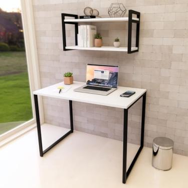 Imagem de Kit Mesa Escrivaninha Industrial com Prateleira MDF Premium Branco e Aço 100x50cm Escritório Home Office