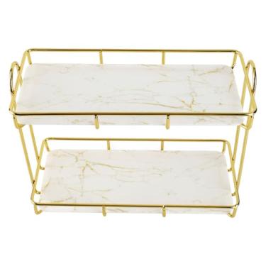 Imagem de aqxreight 2 Tier Banheiro de Armazenamento para Maquiagem e Com Construção de Ferro Resistente e Revestimento de Ouro (Pequeno (13x15cm, precisa de 3 3a de bateria))