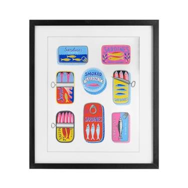 Imagem de Stupell Industries Latas de sardinha brilhante e pastel impressão emoldurada em preto design sob vidro por Bex Morley Design, 21 x 17