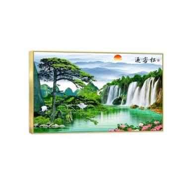 Imagem de BMZFYBS Impressão em tela de paisagem - árvore cachoeira flores - arte de parede natural imagem chinoiserie - pôster decorativo moldura dourada 30x50cm12x20in