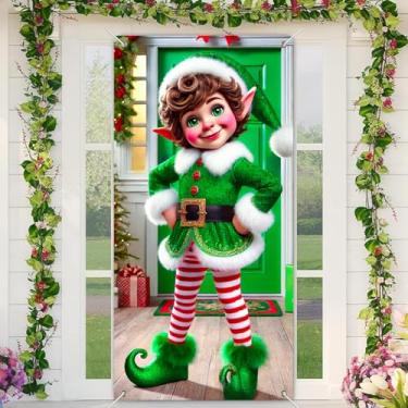 Imagem de BlissYard Banner de porta de feliz Natal de elfo verde, 89 x 189 cm, decoração de boas-vindas com meia-calça listrada punhos difusos e fivela dourada para varanda de inverno ou exibição de festa de