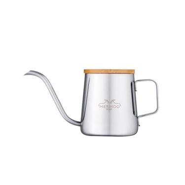 Imagem de MERMOO YILAN Chaleira de pescoço de ganso com tampa, pequena chaleira de café de aço inoxidável de 350 ml, bico longo, bule de chá, para viagem, cafeteira para acampamento, gotejamento