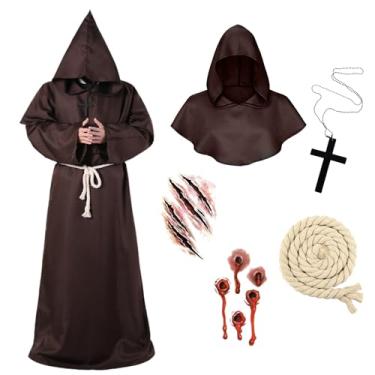Imagem de YYKULKEY Roupão masculino de Halloween frade medieval renascentista monge padre capa com capuz fantasia cosplay para adultos, Marrom, M