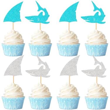 Imagem de Cyodoos 24 PCS Glitter Shark Cupcake Toppers Ocean Themed Party Shark Cake Decor Baby Shower Birthday Party Decorations