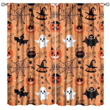 Imagem de Cortinas de Halloween, lindo morcego assustador, teia de aranha laranja, decoração de casa, cortinas para quarto, sala de estar, cozinha, janela, tratamento de 2 painéis, conjunto de 2 painéis