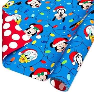 Imagem de American Greetings Papel de embrulho de Natal reversível Disney Mickey Mouse, luzes (1 rolo, 76 x 487 cm)