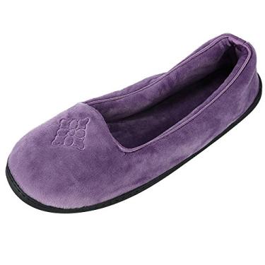 Imagem de Dearfoams Pantufa feminina confortável de balé Rebecca com espuma viscoelástica para uso interno e costas fechadas com larguras amplas, Veludo roxo, 7-8