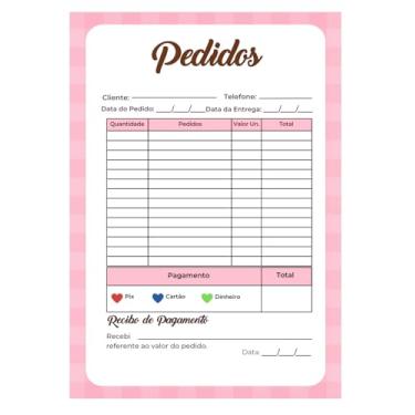 Imagem de Bloco de Pedidos com 50 Folhas, 21x14,8cm, Rosa, Talão Destacável para Controle de Vendas com Campos para Cliente e Pagamento