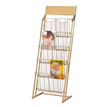 Imagem de Porta-revistas de 5 camadas, suporte de folheto, suporte de exibição de informações no chão, suporte de revistas para jornais e produtos, expositor de literatura (dourado)