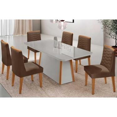 Imagem de Conjunto Sala de Jantar Tilia c/ Tampo Madeirado c/ Vidro Canto Curvo 180x90cm e 6 Cadeiras Maldivas Madeira Maciça Naturale/Off White - Capuccino/Sue