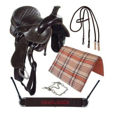 Imagem de Sela Americana Marrom Tradicional + Freio Leve Inox + Baixeiro Xadrez 
