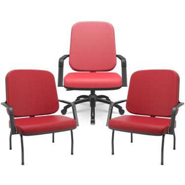 Imagem de Kit Cadeira De Escritório Giratória E 2 Cadeiras Fixas Preta Magno P03 Vinil Vermelho - Lyam Decor