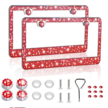 Imagem de Piburth Moldura de placa de carro brilhante, capa de placa de licença de aço inoxidável com strass brilhante, universal para a maioria dos carros, SUVs, veículos com conjunto de parafusos, acessórios