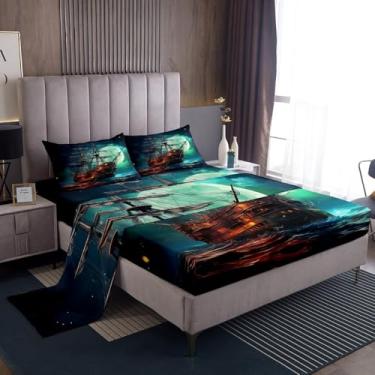 Imagem de Erosebridal Jogo de lençol casal navio pirata para meninos, adolescentes, veleiro marinho, decoração de quarto náutico, onda, barco à vela costeira, 4 peças