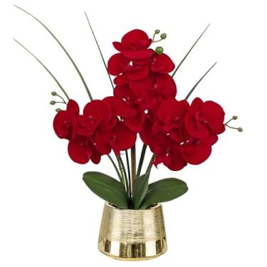 Imagem de Arranjos de orquídeas artificiais vermelhas Phalaenopsis flor de orquídea falsa em vaso dourado peça central para mesa de sala de jantar