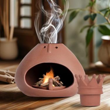 Imagem de Suporte Palo Santo Queimador de óleo essencial de argila forno de incenso de cerâmica com chaminé para palitos Palo Santo, sálvia, queima de incenso em cone, para ioga, relaxamento, meditação e