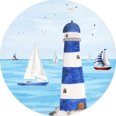 Imagem de Painel de Lona Redondo Barcos Farol Gaivotas Mar Aquarela - Fabrika de