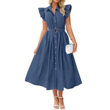Imagem de Vestido ZESICA 2025, verão, boho, botão midi, decote em V, azul marinh