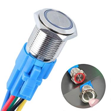 Imagem de DMWD Interruptor de botão de travamento de metal LED de duas cores de 16 mm à prova d'água antivandalismo 1NO 1NC SPDT 12V 5/20.3 cm orifício de montagem com soquete pré-fio para campainha carro barco