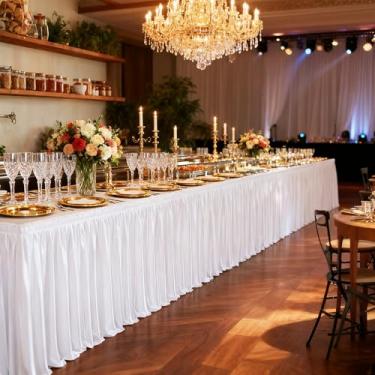 Imagem de Saia de mesa branca com glitter de 2,7 m de comprimento, mesas retangulares, sem rugas, poliéster, cetim, plissado, toalha de mesa para casamentos, festas de aniversário, palco, banquete, decoração de