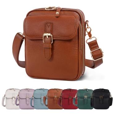 Imagem de Bolsa carteiro vintage, bolsas femininas de couro transversal de grande capacidade, mini bolsa tiracolo com compartimentos para cartões (15,5 x 7,6 x 20,3 cm), Marrom, 6.1x3x8inch