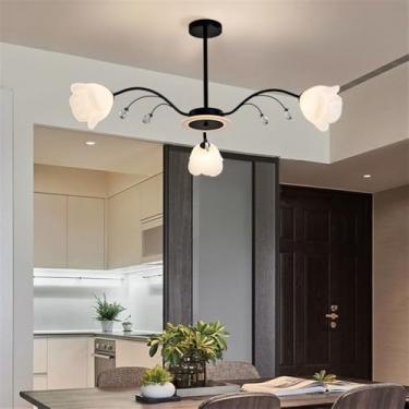 Imagem de Luminária Pendente Flor Pastoral Americana Lâmpada Pendente Moderna De Luxo Para Sala De Estar, Sala De Jantar, Quarto, Casa De Campo, Lustre De LED (Black 3 Lights 1PCS)