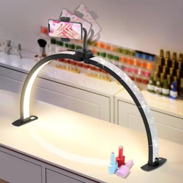 Imagem de Luz de meia lua para mesa de unhas: Lâmpada de mesa dobrável de meia lua de 73 cm com suporte de telefone para iniciantes - Luz Arch Tech com 3 modos de cores e 10 brilho para salão de manicure