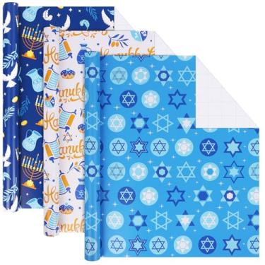 Imagem de WRAP STORM Papel de embrulho de Hanukkah – 3 rolos (43 x 304,8 cm) – Ícones Menorah, Estrela de Davi e Hanukkah – Embalagem de presente festiva azul e dourada