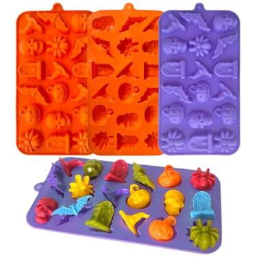 Imagem de Moldes 3D de silicone de chocolate de Halloween, pacote com 4 moldes em forma de chapéu de bruxa de abóbora, morcego, caveira, tumba, aranha para doces, cubos de gelo, geleia, decoração de bolos