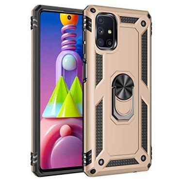 Imagem de SORAKA Capa para Samsung Galaxy M51 com suporte de anel capa protetora para Samsung Galaxy M51 capa traseira de policarbonato rígido com placa de metal para celular magnético suporte de carro dourado