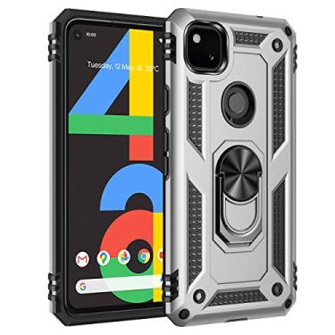 Imagem de SORAKA Capa para Google Pixel 4a com suporte de anel de metal, capa à prova de choque, borda de silicone macio, capa traseira rígida de policarbonato com placa de metal para suporte magnético de