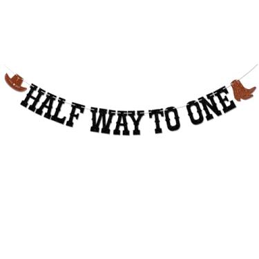 Imagem de Faixa Western Half Way to One - Cowboy Cowgirl Meio Aniversário Decoração, Botas Ocidentais Tema Chapéus 6 Meses Decorações de Chá de Bebê Glitter Preto