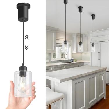 Imagem de ANKBOY Luminária pendente preta ajustável 71 polegadas, luminária suspensa ilha de cozinha com sombra de vidro transparente, luzes pendentes de fazenda base E26 para sala de jantar sobre a pia