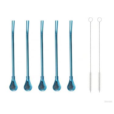 Imagem de Colher e filtro de canudo de aço inoxidável reutilizável 4 em 1, 5 peças com 2 escovas de limpeza, grau alimentício 304, agitador reutilizável para casa, bar, café (azul, 18 cm)