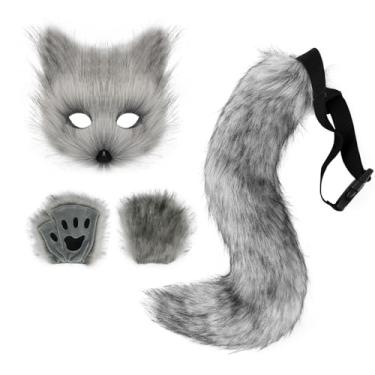 Imagem de HAOAN Máscara de raposa com rabo de animal e luvas para cosplay, fantasia de Halloween cinza