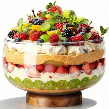 Imagem de NiHome Tigela de vidro extra grande de 5,755 g com suporte de madeira de acácia, prato de servir para bolos, saladas, sobremesas, exibição elegante para festas, casamentos, ocasiões especiais, durável