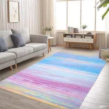 Imagem de USTIDE Tapete infantil arco-íris 1,5 m x 18 m lavável azul listrado tapete antiderrapante para quarto/sala de estar/sala de jogos/quarto de crianças