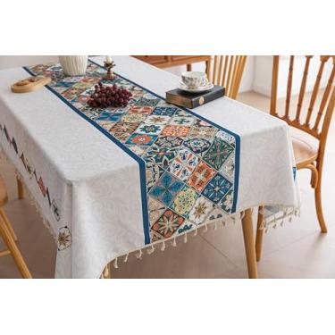 Imagem de Erbnaryx Toalha de mesa Boho para mesas quadradas, bordas com franjas com padrão geométrico, toalha de mesa decorativa para cozinha, sala de jantar, 150 x 178 cm