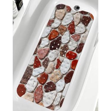 Imagem de LNOND Tapete de banheira de seixo laranja antiderrapante, tapete de banheira de 101 x 40 cm para banheiro, estrela do mar, concha do mar, tapete de chuveiro com orifícios de drenagem e ventosas