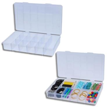Imagem de 2 Caixas Organizadoras Multiuso Com tampa e 14 Compartimentos para Remédios Material de Costura Pregos Parafusos Bijuterias e diversos objetos pequenos Estilo Maleta 23cm x 14cm Transparente