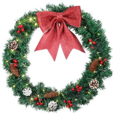 Imagem de Cabilock Guirlanda de Natal pré-iluminada de 61 cm com luzes decorada com pinhas, laço de baga, guirlanda de porta de Natal, decorações tradicionais para pendurar na porta da frente e na janela