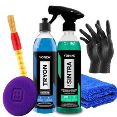 Imagem de Vonixx Kit de Limpeza Automotiva com Revitalizador de Plásticos Tryon, Limpador Sintra Fast, Aplicador, Flanela e Pincel
