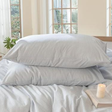 Imagem de MooMee Fronhas de cama listradas, pacote com 2 100% algodão lavado, linho, texturizado, respirável, durável, macio e confortável (riscas azuis e brancas, King)