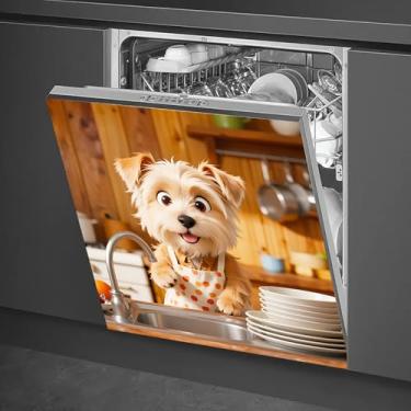 Imagem de HOMETITUTE Capa magnética para lava-louças 58 x 66 cm filhote feliz lavando pratos em avental de bolinhas laranja capa magnética para lava-louças para decoração de utensílios de cozinha painel frontal