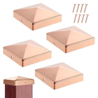 Imagem de 4 peças de cobre sólido 8,9 cm x 8,9 cm tampa de poste de cerca resistente - serve para postes de madeira reais de 8,9 cm x 8,9 cm, com 2 parafusos banhados a cobre correspondentes, resistente à