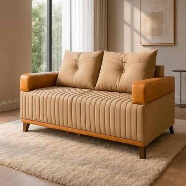 Imagem de Sofá 2 Lugares Leona em Linho Bom Pastor, Linho Bege/Caramelo