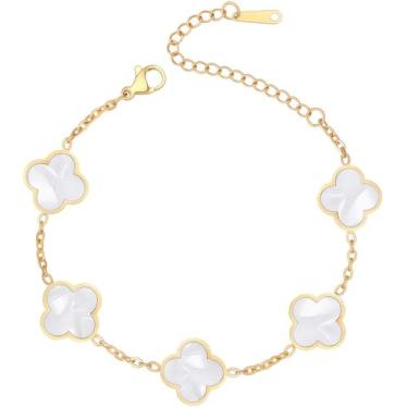 Imagem de (Versão resistente) Pulseiras banhadas a ouro 18K para mulheres e homens (dupla face) trevo de 4 folhas bonito e moderno bracelete da sorte (ajustável) serve em pulsos de até 20 cm, dourado, branco