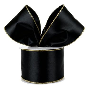 Imagem de Fita de cetim com fio, 6 cm x 20 metros, borda metálica, decoração de árvore de Natal (preta, 5 cm)